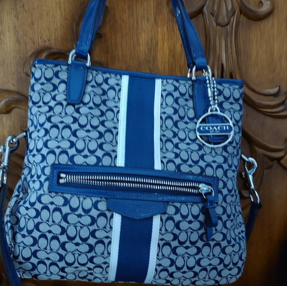 Coach 27024 Signature Stripe Foldover Crossbody Hangbag Navy - Picture 2 of 8